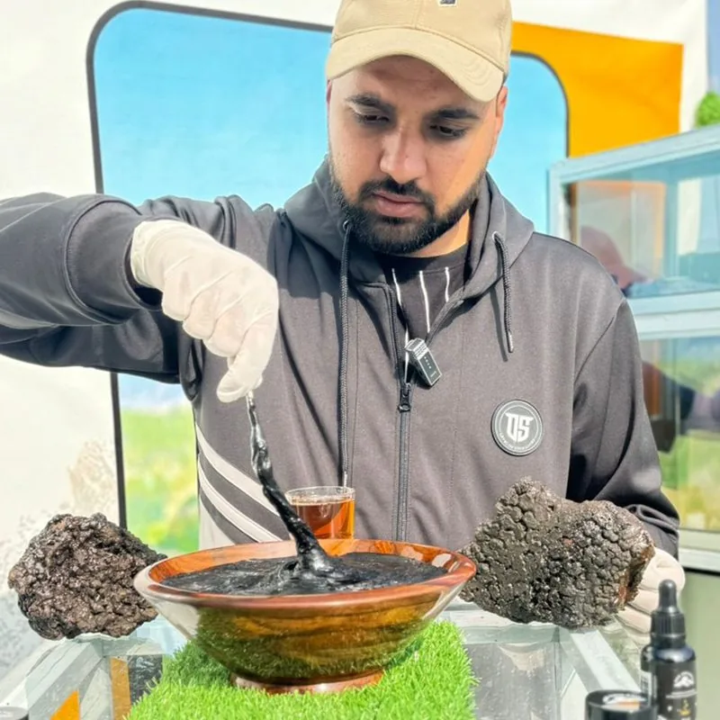Bilawal, founder of PakShilajit, testing Himalayan shilajit resin