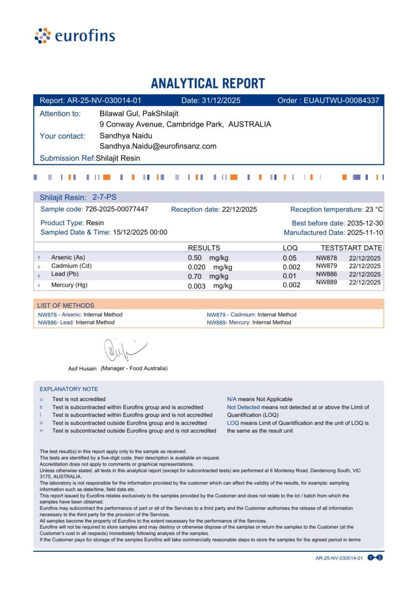 PakShilajit Shilajit Resin lab report page 1 — Eurofins Australia