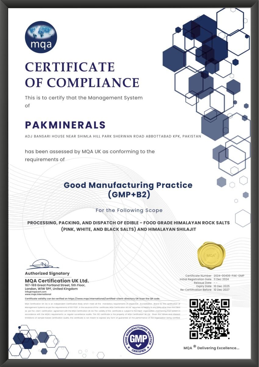 GMP certificate of compliance covering Himalayan Shilajit